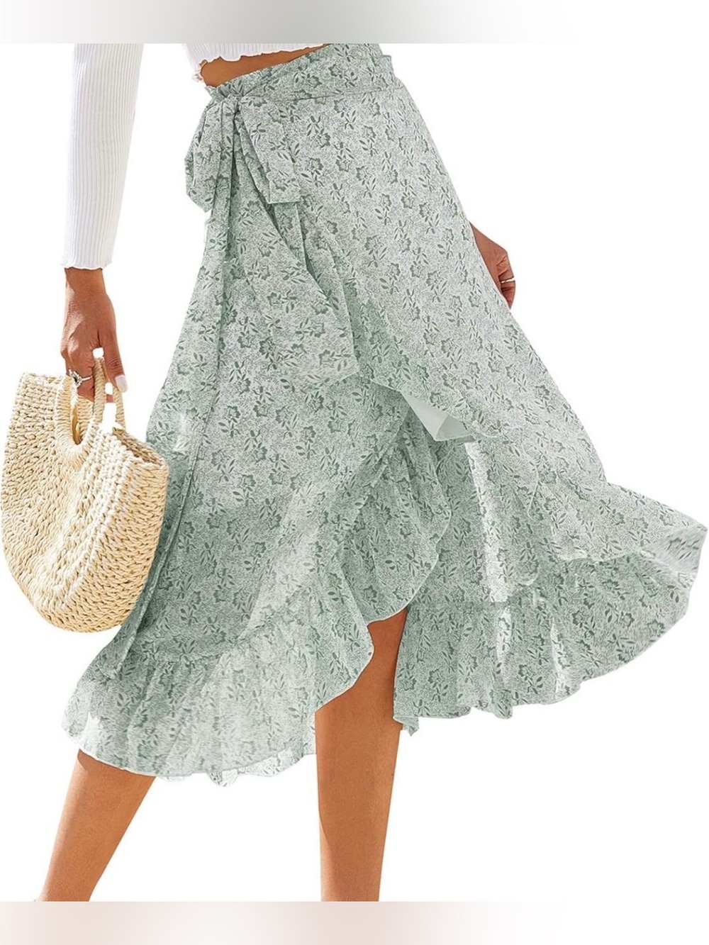Split A-Line Floral Wrap Midi Skirt in mint green